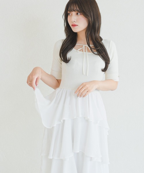 MISCH MASCH（ミッシュマッシュ）の「2026春夏新作 ZOZO限定アイテム フロントリボンティアードフリルロングワンピース（ワンピース・レディース・ホワイト/ブラック/ブルー・ﾌﾘ-）」の21枚目の写真