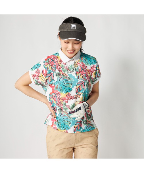 FILA GOLF(フィラゴルフ )の「FILA GOLF フィラゴルフ ゴルフウェア 吸汗速乾 UVカット リゾート柄 半袖ポロシャツ(ポロシャツ・レディース・ホワイト×ピンク/ホワイト×ブルー・LL/L/M)」の2枚目の写真