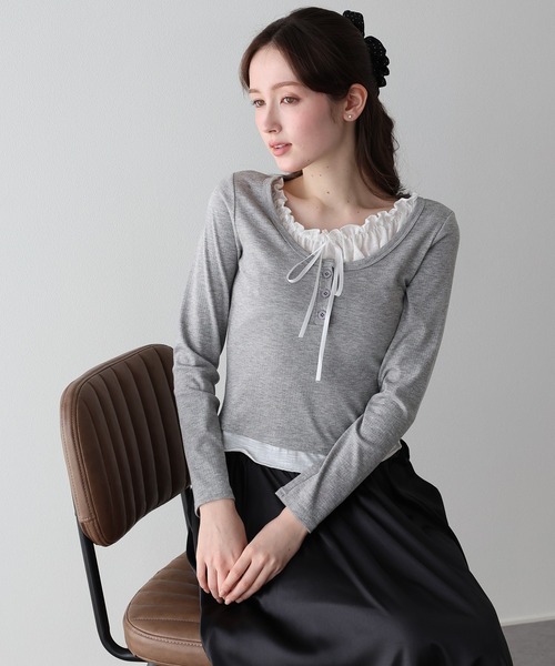 BLUEEAST（ブルーイースト）の「ギャザーリボンレイヤードTシャツ（Tシャツ/カットソー・レディース・ブルー/グレー/ブラック・MEDIUM）」の2枚目の写真
