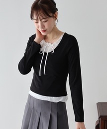 ギャザーリボンレイヤードTシャツ
