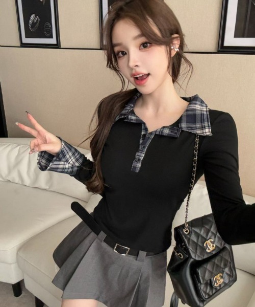 gossip!ロサンゼルス(ゴシップロサンゼルス)の「Y2K チェック柄切替襟付きポロネック長袖カットソー(Tシャツ/カットソー・レディース・グレー/ブラック/ホワイト/ネイビー・M)」の10枚目の写真