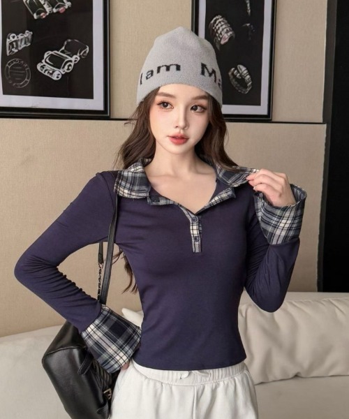 gossip!ロサンゼルス(ゴシップロサンゼルス)の「Y2K チェック柄切替襟付きポロネック長袖カットソー(Tシャツ/カットソー・レディース・グレー/ブラック/ホワイト/ネイビー・M)」の14枚目の写真