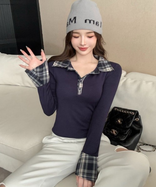 gossip!ロサンゼルス(ゴシップロサンゼルス)の「Y2K チェック柄切替襟付きポロネック長袖カットソー(Tシャツ/カットソー・レディース・グレー/ブラック/ホワイト/ネイビー・M)」の16枚目の写真