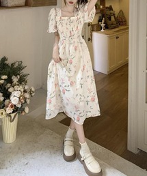 スクエアネックパフスリーブ花柄ワンピース