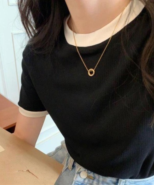 SHEPP(シープ)の「【26年春夏新作】バイカラークルーネック半袖コンパクトTシャツ(Tシャツ/カットソー・レディース・ホワイト/サックスブルー/ブラック・L/M)」の18枚目の写真