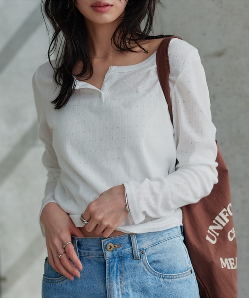 KOBE LETTUCE(コウベレタス)の「アイレットリブヘンリーネックトップス(Tシャツ/カットソー・レディース・ブラック/オフホワイト・M)」の8枚目の写真