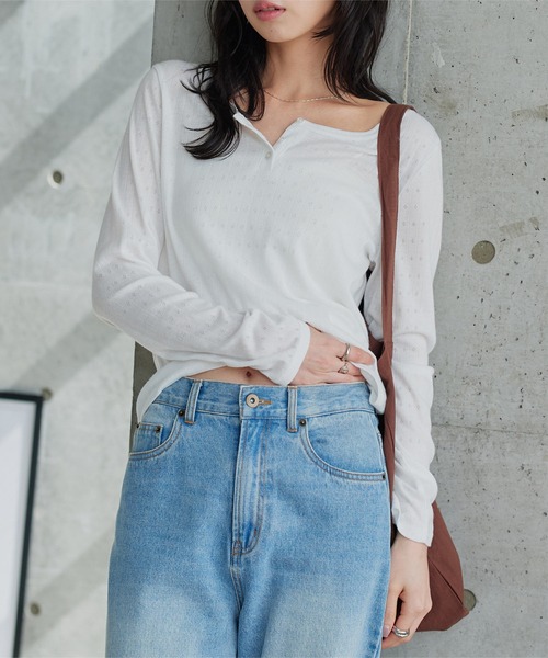 KOBE LETTUCE(コウベレタス)の「アイレットリブヘンリーネックトップス(Tシャツ/カットソー・レディース・ブラック/オフホワイト・M)」の9枚目の写真