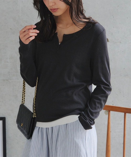KOBE LETTUCE(コウベレタス)の「アイレットリブヘンリーネックトップス(Tシャツ/カットソー・レディース・ブラック/オフホワイト・M)」の15枚目の写真