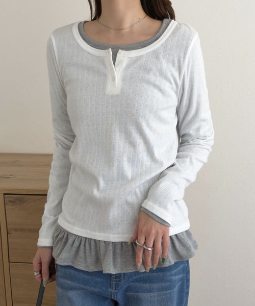KOBE LETTUCE(コウベレタス)の「アイレットリブヘンリーネックトップス(Tシャツ/カットソー・レディース・ブラック/オフホワイト・M)」の4枚目の写真