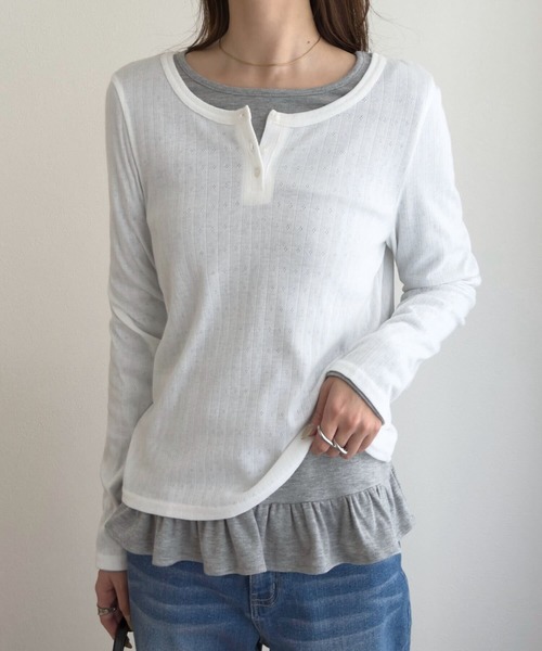 KOBE LETTUCE(コウベレタス)の「アイレットリブヘンリーネックトップス(Tシャツ/カットソー・レディース・ブラック/オフホワイト・M)」の5枚目の写真