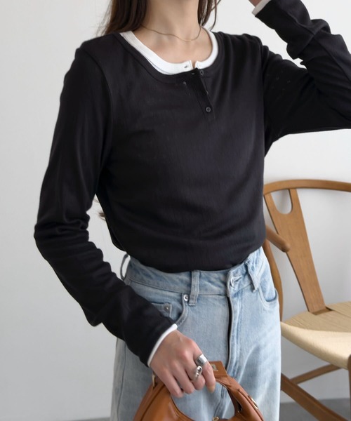 KOBE LETTUCE(コウベレタス)の「アイレットリブヘンリーネックトップス(Tシャツ/カットソー・レディース・ブラック/オフホワイト・M)」の11枚目の写真