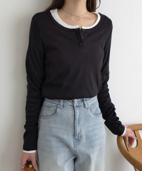 KOBE LETTUCE(コウベレタス)の「アイレットリブヘンリーネックトップス(Tシャツ/カットソー・レディース・ブラック/オフホワイト・M)」の12枚目の写真