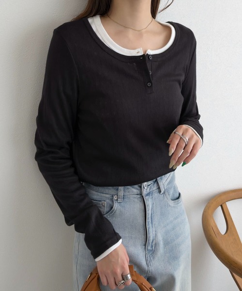 KOBE LETTUCE(コウベレタス)の「アイレットリブヘンリーネックトップス(Tシャツ/カットソー・レディース・ブラック/オフホワイト・M)」の13枚目の写真