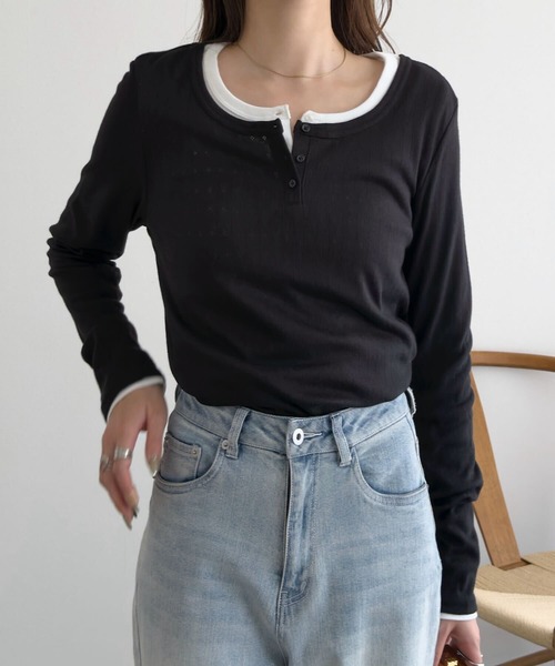 KOBE LETTUCE(コウベレタス)の「アイレットリブヘンリーネックトップス(Tシャツ/カットソー・レディース・ブラック/オフホワイト・M)」の14枚目の写真