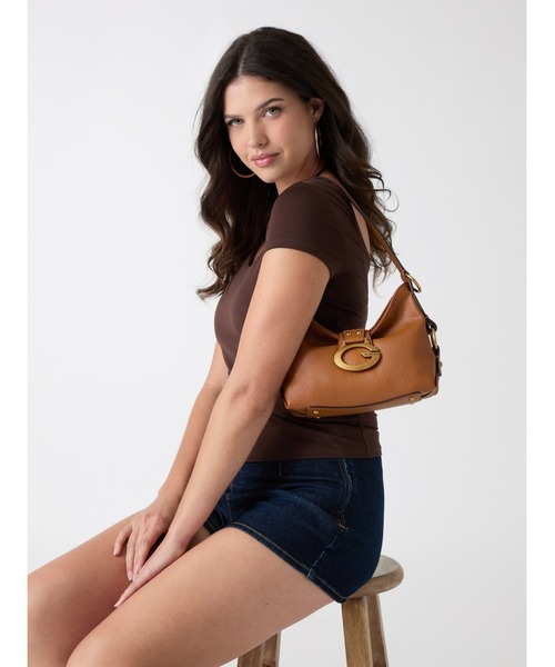 GUESS 2way レザーショルダー/ハンド 極美品 グレー ストラップ付 GUESS（ゲス） ショルダーバッグ バッグ MALEENA Convertible Top Zip