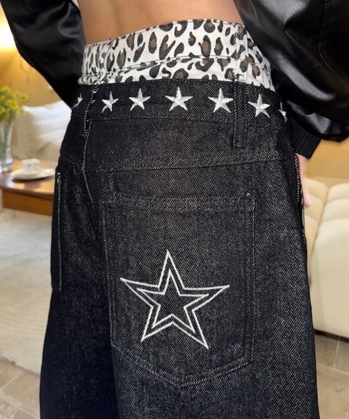 FUNdaysion(ファンデイション)の「レオパード切替スター刺繍 ワイドパンツ(その他パンツ・レディース・ブラック・S/M/L)」の3枚目の写真