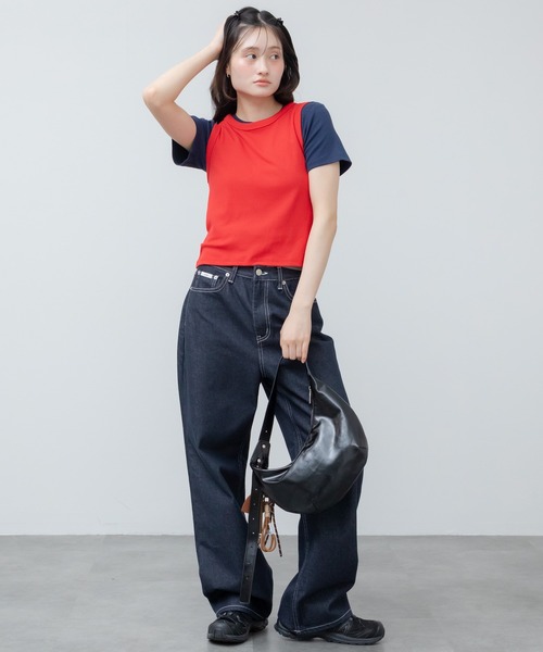 HEILIS(ヘイリス)の「ベーシック半袖カットソー / 無地 半袖 クロップド コンパクト カットソー Tシャツ レイヤード インナー 短丈 イエロー ブラック ホワイト アイボリー ネイビー ブルー 韓国 春服 夏服 カジュアル モード シティガール ノームコア スポーティ シンプル(Tシャツ/カットソー・レディース・ネイビー/ブラック/アイボリー/イエロー・FREE)」の5枚目の写真