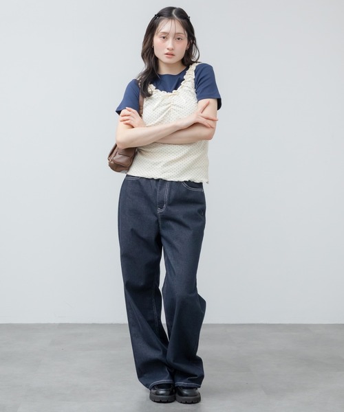 HEILIS(ヘイリス)の「ベーシック半袖カットソー / 無地 半袖 クロップド コンパクト カットソー Tシャツ レイヤード インナー 短丈 イエロー ブラック ホワイト アイボリー ネイビー ブルー 韓国 春服 夏服 カジュアル モード シティガール ノームコア スポーティ シンプル(Tシャツ/カットソー・レディース・ネイビー/ブラック/アイボリー/イエロー・FREE)」の7枚目の写真