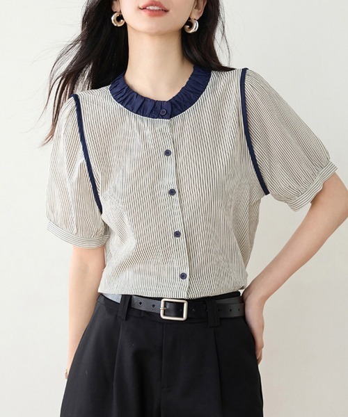 ONEP STAR(ワンピスター)の「ストライプ×配色デザインブラウス(シャツ/ブラウス・レディース・ベージュ・X-LARGE/LARGE/MEDIUM)」の5枚目の写真