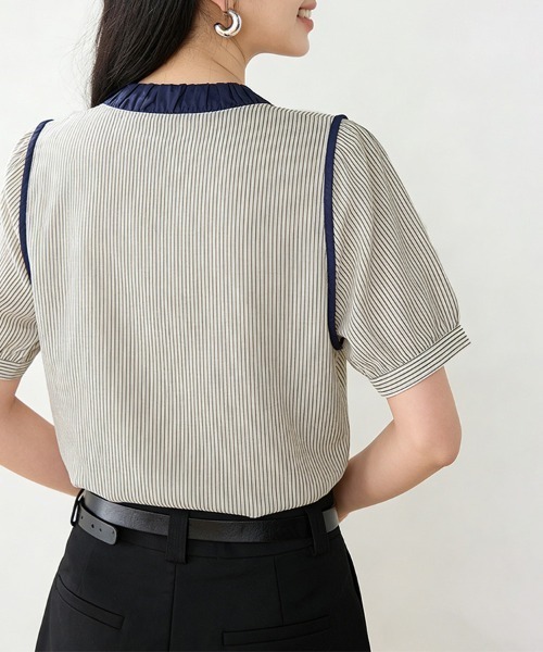 ONEP STAR(ワンピスター)の「ストライプ×配色デザインブラウス(シャツ/ブラウス・レディース・ベージュ・X-LARGE/LARGE/MEDIUM)」の7枚目の写真