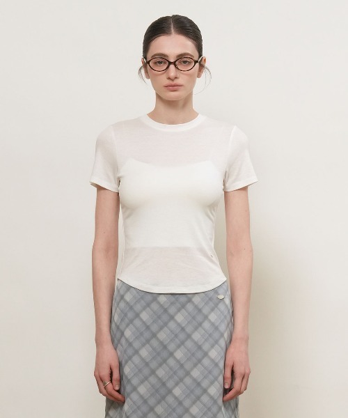 GENERAL IDEA(ジェネラルアイデア)の「【GENERAL IDEA】アセテート ラウンドネック半袖Tシャツ / ACETATE ROUND NECK T-SHIRT(Tシャツ/カットソー・レディース・ホワイト/チャコール/ブラック・S/M/L)」の4枚目の写真