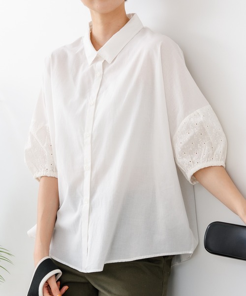 fort point(フォーポイント)の「【C-FORTPOINT/フォートポイント】【上品 高見え刺繍】袖刺繍ブラウス 綿100% 花模様 大人可愛い きれいめ 通勤 お出かけ(シャツ/ブラウス・レディース・ブラック/グレー/オフホワイト/ピンク/グリーン・FREE)」の2枚目の写真