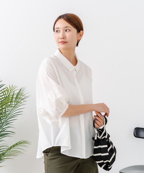 fort point(フォーポイント)の「【C-FORTPOINT/フォートポイント】【上品 高見え刺繍】袖刺繍ブラウス 綿100% 花模様 大人可愛い きれいめ 通勤 お出かけ(シャツ/ブラウス・レディース・ブラック/グレー/オフホワイト/ピンク/グリーン・FREE)」の6枚目の写真