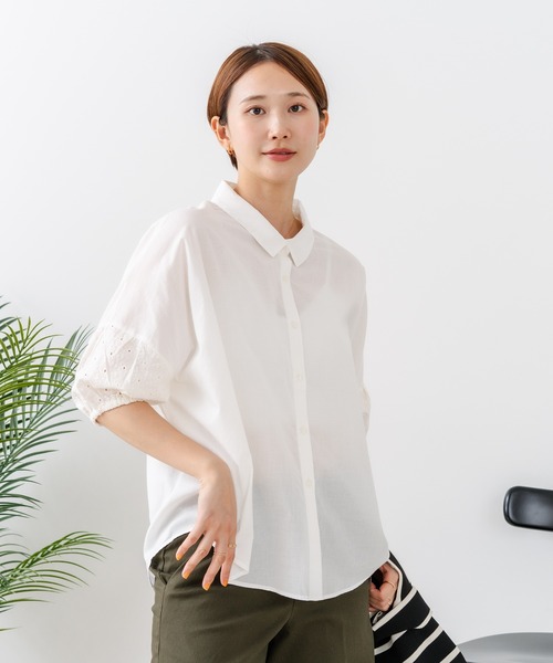 fort point(フォーポイント)の「【C-FORTPOINT/フォートポイント】【上品 高見え刺繍】袖刺繍ブラウス 綿100% 花模様 大人可愛い きれいめ 通勤 お出かけ(シャツ/ブラウス・レディース・ブラック/グレー/オフホワイト/ピンク/グリーン・FREE)」の22枚目の写真