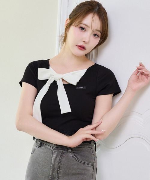 one after another NICE CLAUP（ワンアフターアナザーナイスクラップ）の「【Lace Collection】リボンテレコTee（Tシャツ/カットソー・レディース・ブラック/ピンク/ドット・FREE）」の2枚目の写真