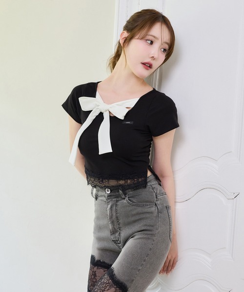 one after another NICE CLAUP（ワンアフターアナザーナイスクラップ）の「【Lace Collection】リボンテレコTee（Tシャツ/カットソー・レディース・ブラック/ピンク/ドット・FREE）」の21枚目の写真