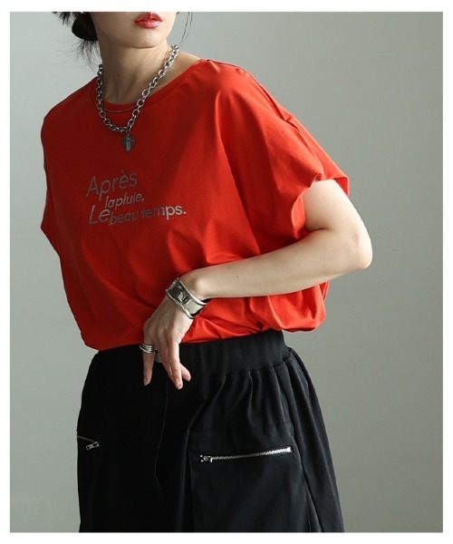 Sawa a la mode(サワアラモード)の「箔プリント接触冷感タックショルダーTシャツ(Tシャツ/カットソー・レディース・オレンジ/オフホワイト/グレー・FREE)」の19枚目の写真