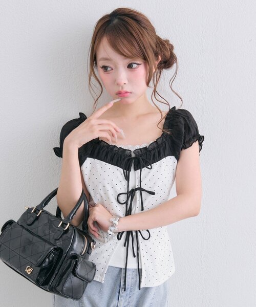 OLIVE des OLIVE(オリーブデオリーブ)の「リボンレイヤードトップス(Tシャツ/カットソー・レディース・サックスブルー/オフホワイト/ブラック・FREE)」の14枚目の写真