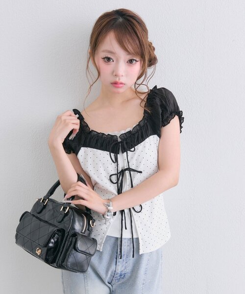 OLIVE des OLIVE(オリーブデオリーブ)の「リボンレイヤードトップス(Tシャツ/カットソー・レディース・サックスブルー/オフホワイト/ブラック・FREE)」の16枚目の写真