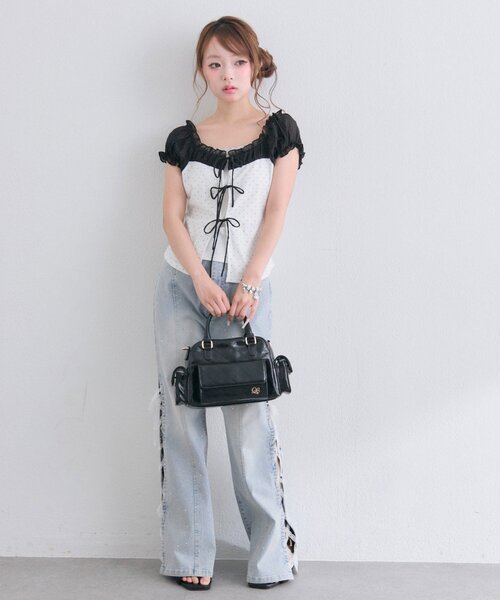 OLIVE des OLIVE(オリーブデオリーブ)の「リボンレイヤードトップス(Tシャツ/カットソー・レディース・サックスブルー/オフホワイト/ブラック・FREE)」の17枚目の写真