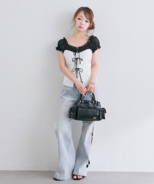 OLIVE des OLIVE(オリーブデオリーブ)の「リボンレイヤードトップス(Tシャツ/カットソー・レディース・サックスブルー/オフホワイト/ブラック・FREE)」の18枚目の写真