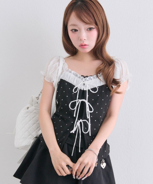 OLIVE des OLIVE(オリーブデオリーブ)の「リボンレイヤードトップス(Tシャツ/カットソー・レディース・サックスブルー/オフホワイト/ブラック・FREE)」の2枚目の写真