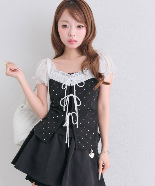 OLIVE des OLIVE(オリーブデオリーブ)の「リボンレイヤードトップス(Tシャツ/カットソー・レディース・サックスブルー/オフホワイト/ブラック・FREE)」の4枚目の写真
