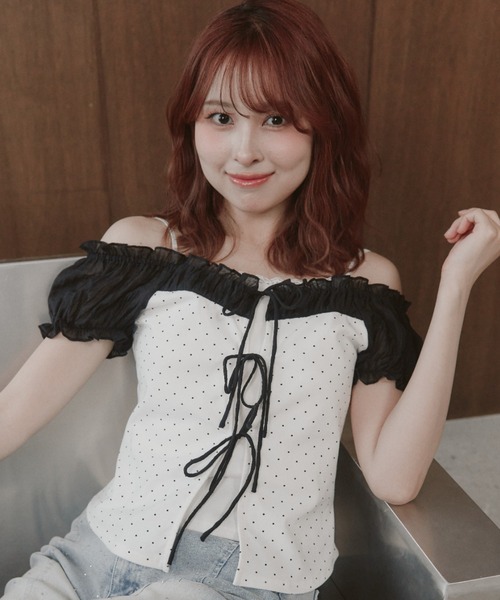 OLIVE des OLIVE(オリーブデオリーブ)の「リボンレイヤードトップス(Tシャツ/カットソー・レディース・サックスブルー/オフホワイト/ブラック・FREE)」の5枚目の写真