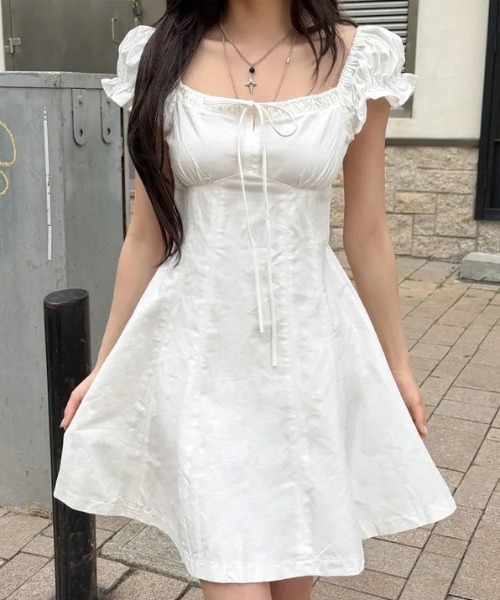 セール】YUGA_YGMC Korean-style Frilled puff-sleeve flared dress