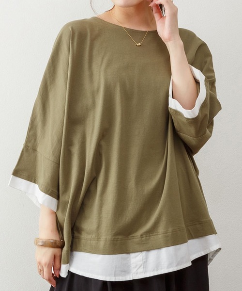 ElegChic(エレグシック)の「ゆるっと異素材レイヤードTシャツ(Tシャツ/カットソー・レディース・カーキ/ブラウン/グレイッシュベージュ/ブラック・M/4L/XL)」の2枚目の写真