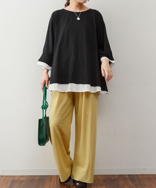 ElegChic(エレグシック)の「ゆるっと異素材レイヤードTシャツ(Tシャツ/カットソー・レディース・カーキ/ブラウン/グレイッシュベージュ/ブラック・M/4L/XL)」の3枚目の写真
