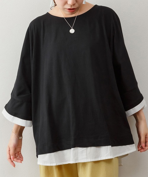 ElegChic(エレグシック)の「ゆるっと異素材レイヤードTシャツ(Tシャツ/カットソー・レディース・カーキ/ブラウン/グレイッシュベージュ/ブラック・M/4L/XL)」の5枚目の写真