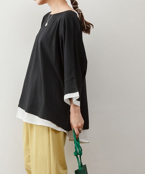 ElegChic(エレグシック)の「ゆるっと異素材レイヤードTシャツ(Tシャツ/カットソー・レディース・カーキ/ブラウン/グレイッシュベージュ/ブラック・M/4L/XL)」の7枚目の写真