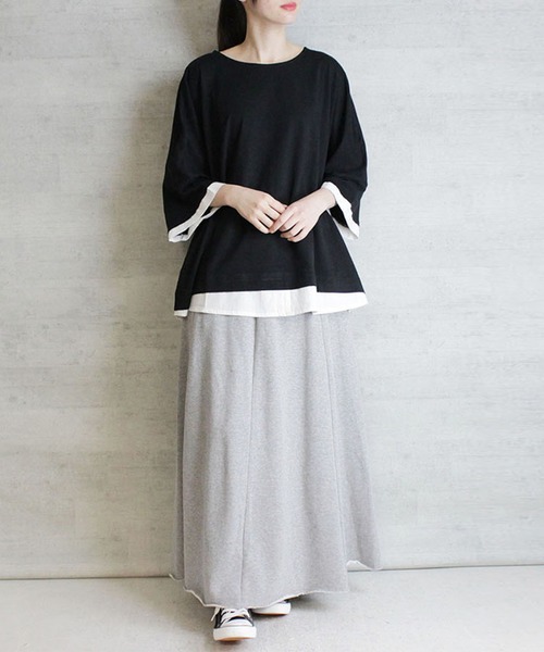 ElegChic(エレグシック)の「ゆるっと異素材レイヤードTシャツ(Tシャツ/カットソー・レディース・カーキ/ブラウン/グレイッシュベージュ/ブラック・M/4L/XL)」の8枚目の写真