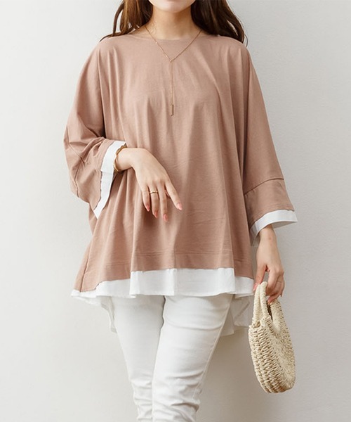 ElegChic(エレグシック)の「ゆるっと異素材レイヤードTシャツ(Tシャツ/カットソー・レディース・カーキ/ブラウン/グレイッシュベージュ/ブラック・M/4L/XL)」の9枚目の写真