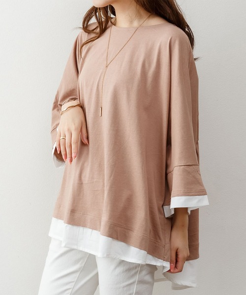 ElegChic(エレグシック)の「ゆるっと異素材レイヤードTシャツ(Tシャツ/カットソー・レディース・カーキ/ブラウン/グレイッシュベージュ/ブラック・M/4L/XL)」の10枚目の写真