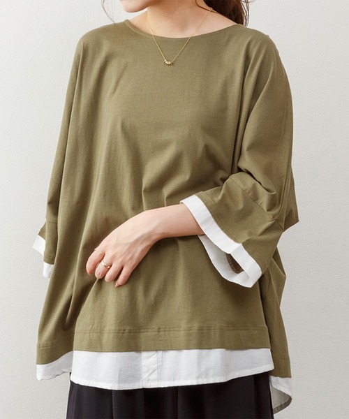 ElegChic(エレグシック)の「ゆるっと異素材レイヤードTシャツ(Tシャツ/カットソー・レディース・カーキ/ブラウン/グレイッシュベージュ/ブラック・M/4L/XL)」の13枚目の写真