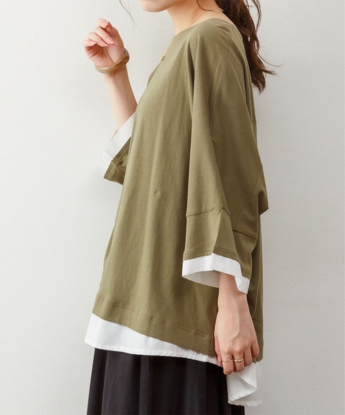ElegChic(エレグシック)の「ゆるっと異素材レイヤードTシャツ(Tシャツ/カットソー・レディース・カーキ/ブラウン/グレイッシュベージュ/ブラック・M/4L/XL)」の15枚目の写真