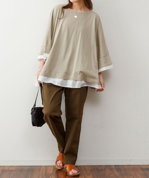 ElegChic(エレグシック)の「ゆるっと異素材レイヤードTシャツ(Tシャツ/カットソー・レディース・カーキ/ブラウン/グレイッシュベージュ/ブラック・M/4L/XL)」の17枚目の写真