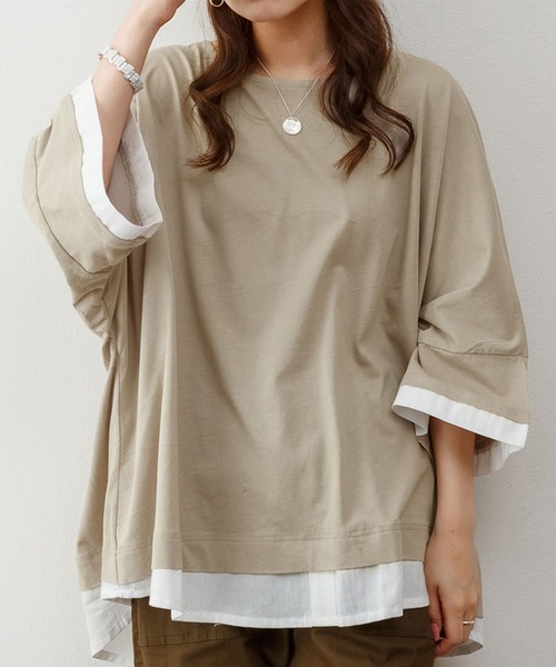 ElegChic(エレグシック)の「ゆるっと異素材レイヤードTシャツ(Tシャツ/カットソー・レディース・カーキ/ブラウン/グレイッシュベージュ/ブラック・M/4L/XL)」の20枚目の写真